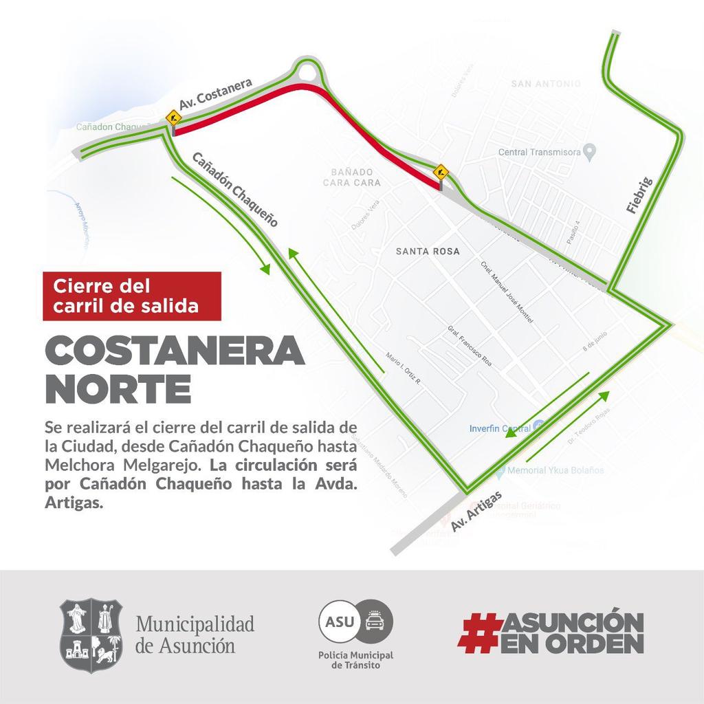 MAÑANA | A tener en cuenta. 
Costanera Norte en su carril de salida a la ciudad se bloquea al tránsito vehicular. 
⏰Desde las 7:00 hs. 
👮🏻‍♂️Cobertura PMT en Costanera Norte - Cañadon Chaqueño - Artigas.