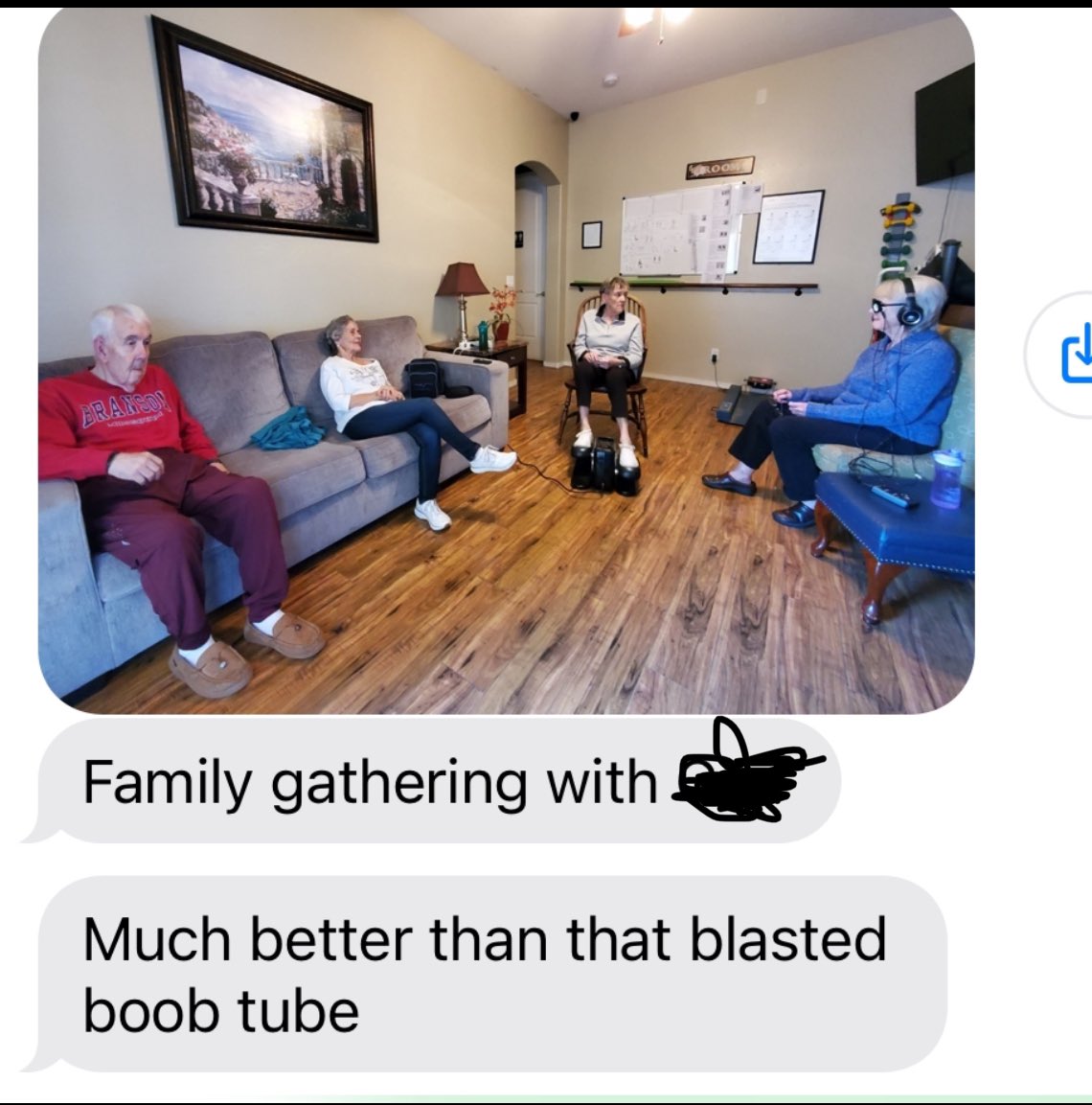 The wife of one of my residents just texted this to me.

It’s so great how our residents get along and help each other.

The headset is an audio visual entrainment device (#daviddelightpro) that helps the brain relax and promotes healing.