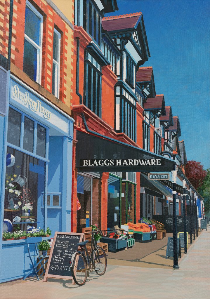 slscottartist's tweet photo. Heaton Moor Shops 
The street where I live in much warmer weather! Acrylic on canvas 
#artgallery #painting #Stockport https://t.co/Vs6txCRBnR