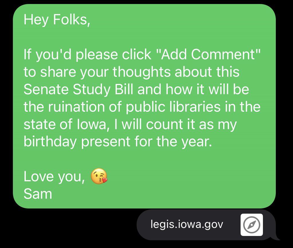 GeometricRabbit's tweet photo. Cashing in all my social and familial credits for this bill (SSB 3131).
I usually ask for silly socks and fine tipped pens when my parents inquire but we gotta advocate for libraries today! 🙃
#ialegis #KeepLibrariesLocal
https://t.co/urJjQ9uNQX https://t.co/uLAQ2F4oHz