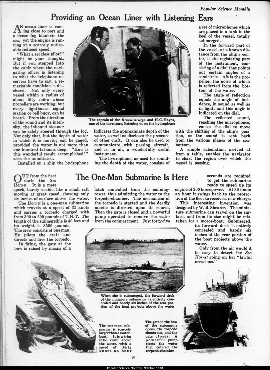'Out from the fleet darts the Sea Hornet'...'The One-Man Submarine Is Here' (Popular Science Monthly, Oct 1920) 
#SubSaturday