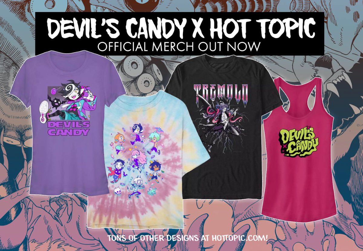 UHM SOOO.... 
Official Devil's Candy apparel is now available at Hot Topic!!!!
🖤😈🖤😈🖤
Super excited to see my art on so many shirts HAHA
There's a whole bunch of fun designs if you wanna check them out~!