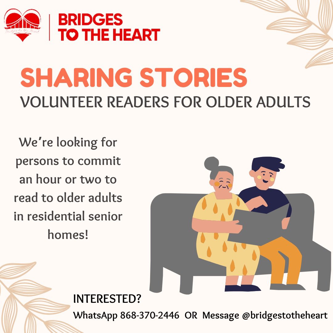 _TeamBridges's tweet photo. Hey! We’re looking for persons to spend an hour or two reading to residents of senior citizen residential homes!♥️ 

Dates and times are flexible. 

If you’re interested please share your full name, contact number and preferred area (Arima, POS etc.) with us.

Thank you!✨ https://t.co/cO1V5zKDSH
