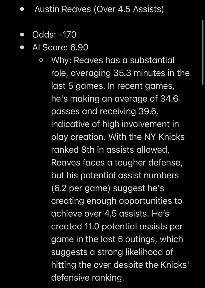 CourtsideAI's tweet photo. My AI’s algorithm best best for NBA assists today🤖🏀 https://t.co/bg1LGXmmTm
