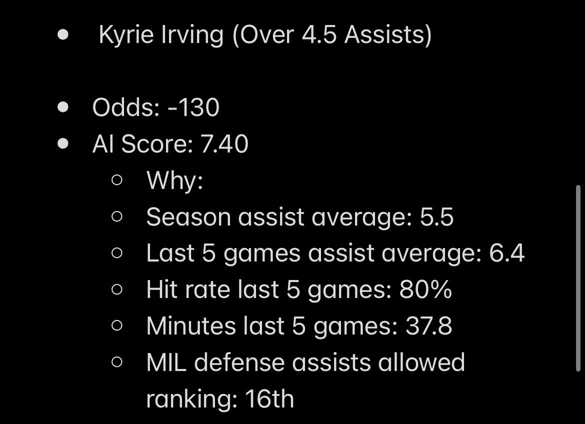 CourtsideAI's tweet photo. My AI’s algorithm best best for NBA assists today🤖🏀 https://t.co/bg1LGXmmTm