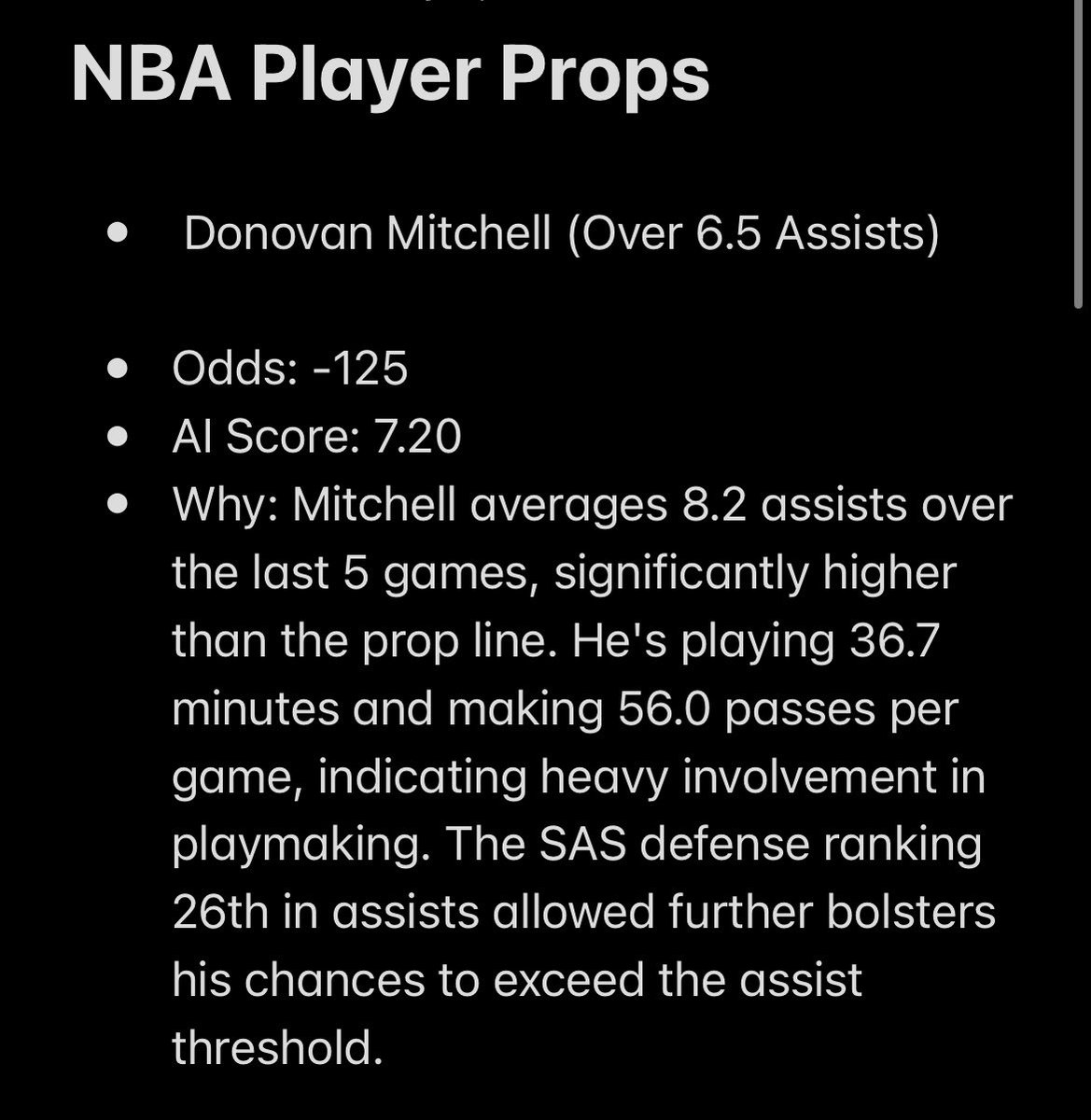CourtsideAI's tweet photo. My AI’s algorithm best best for NBA assists today🤖🏀 https://t.co/bg1LGXmmTm