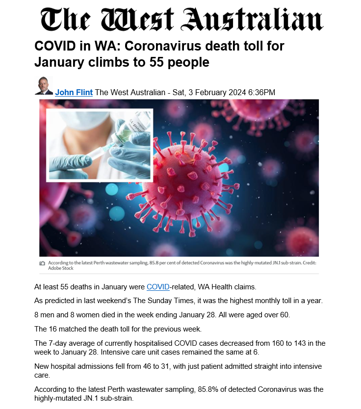 BigBadDenis's tweet photo. Western Australia: "Coronavirus death toll for January climbs to 55 people" By John Flint

#COVID19WA @WAHealth @CHO_WAHealth #COVIDisNotOver @Flinty_01 

Source: https://t.co/qSJxsWOykL https://t.co/MEUPmOBNJ6