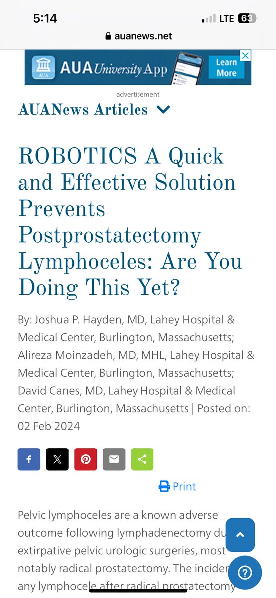 What takes 5 minutes after RALP and prevents pelvic lymphoceles? Are you doing this yet? @LaheyUro auanews.net/issues/article…