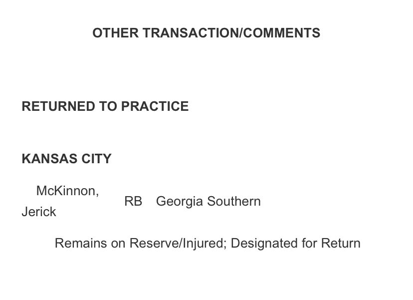 Jacobs71's tweet photo. #Chiefs running back Jerick McKinnon has been designated to return. https://t.co/UJTiLF8hCR