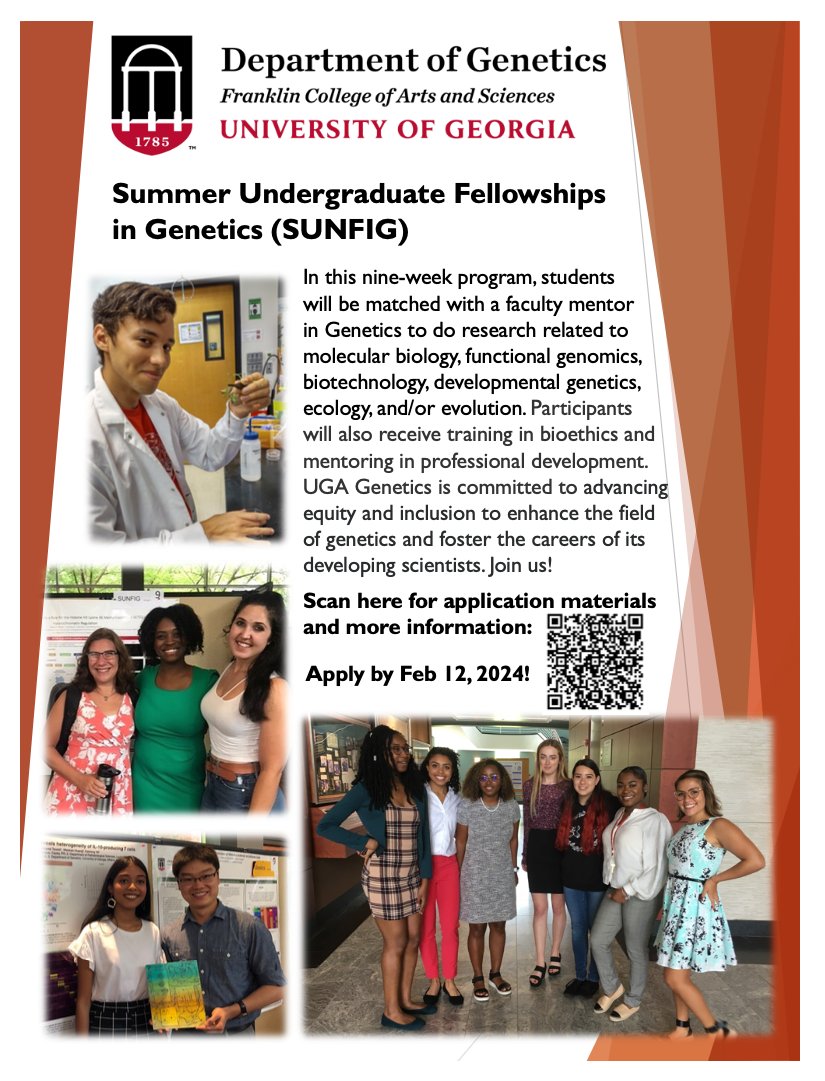 It's not too late to apply for our Summer Undergraduate Fellowship in Genetics at UGA - come work with us!   tinyurl.com/sunfig