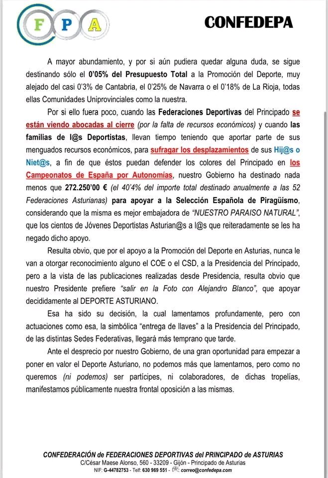 Comunicado de la Confederación de Federaciones Deportivas de Asturias denunciando y lamentando la precaria situación del deporte en el Principado de Asturias.
