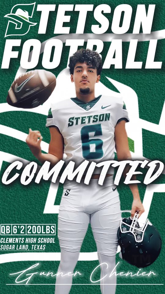 I am blessed and thankful to announce my commitment to Division 1 Stetson University <a href="/StetsonFootball/">Stetson Football</a> !💚💚I would like to thank all my coaches, teammates, and most of all my family for all the love and support!🫶🏼 Next chapter! Jeremiah 29:11
<a href="/coachbkyoung/">Brian Young</a> <a href="/Coach_Raitano/">Chris Raitano</a>