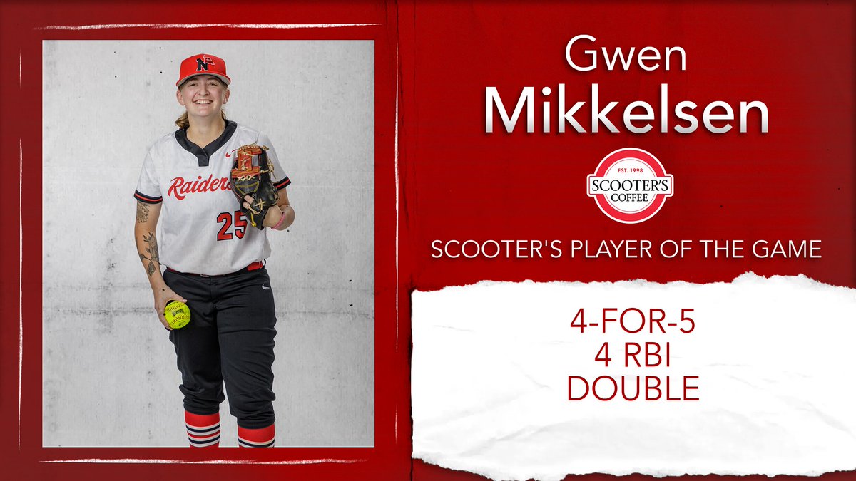 🥎 Four hits for Gwen Mikkelsen, our <a href="/scooterscoffee/">Scooter's Coffee</a> Player of the Game!

#RaidersStandOut | <a href="/NWCSoftball/">Northwestern College Softball 🥎</a>