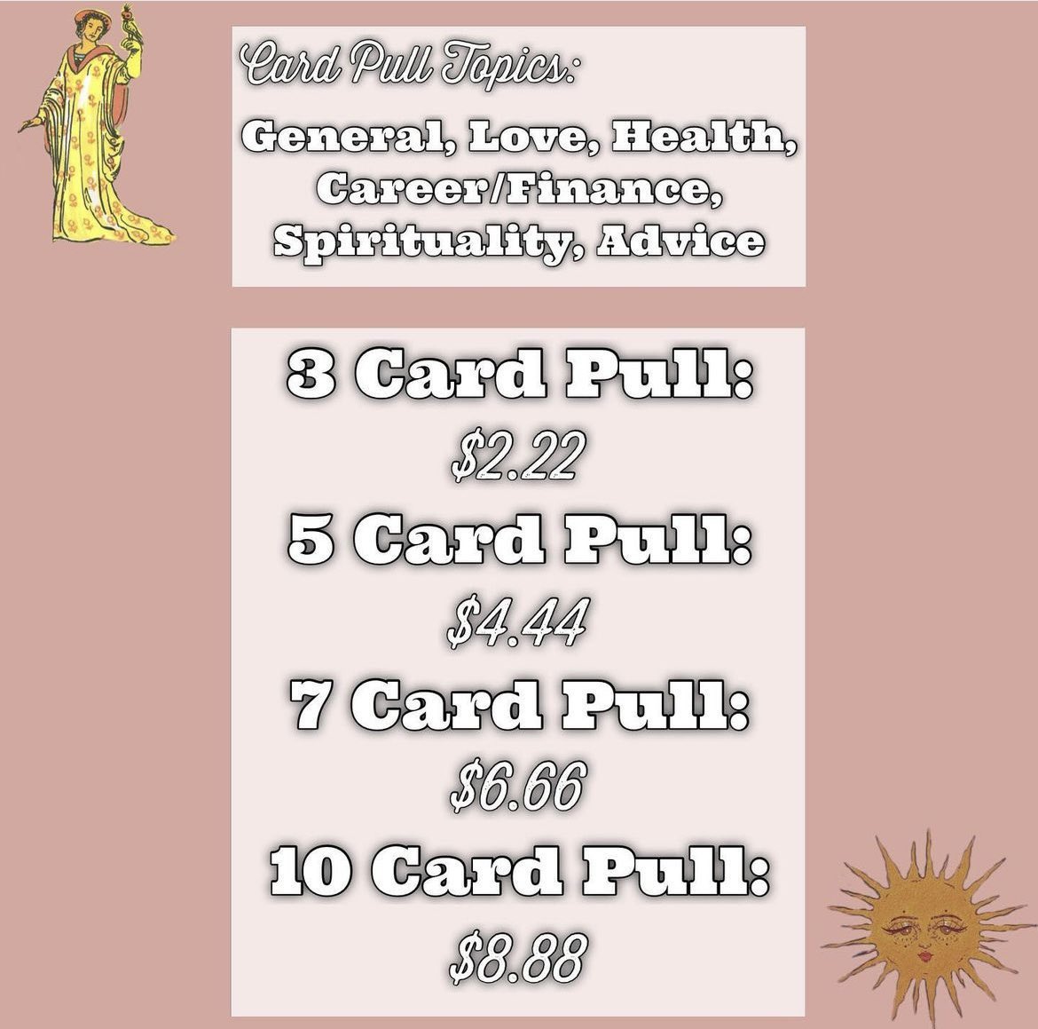AngelicIns's tweet photo. my books are open for affordable, same-day tarot readings!
-
my tarot services start at $2.22 &amp; don’t go over $10.10! all of my services are buy one, get one free!
-
my dms are open for anyone interested! 🤍 https://t.co/ZymWRXa944