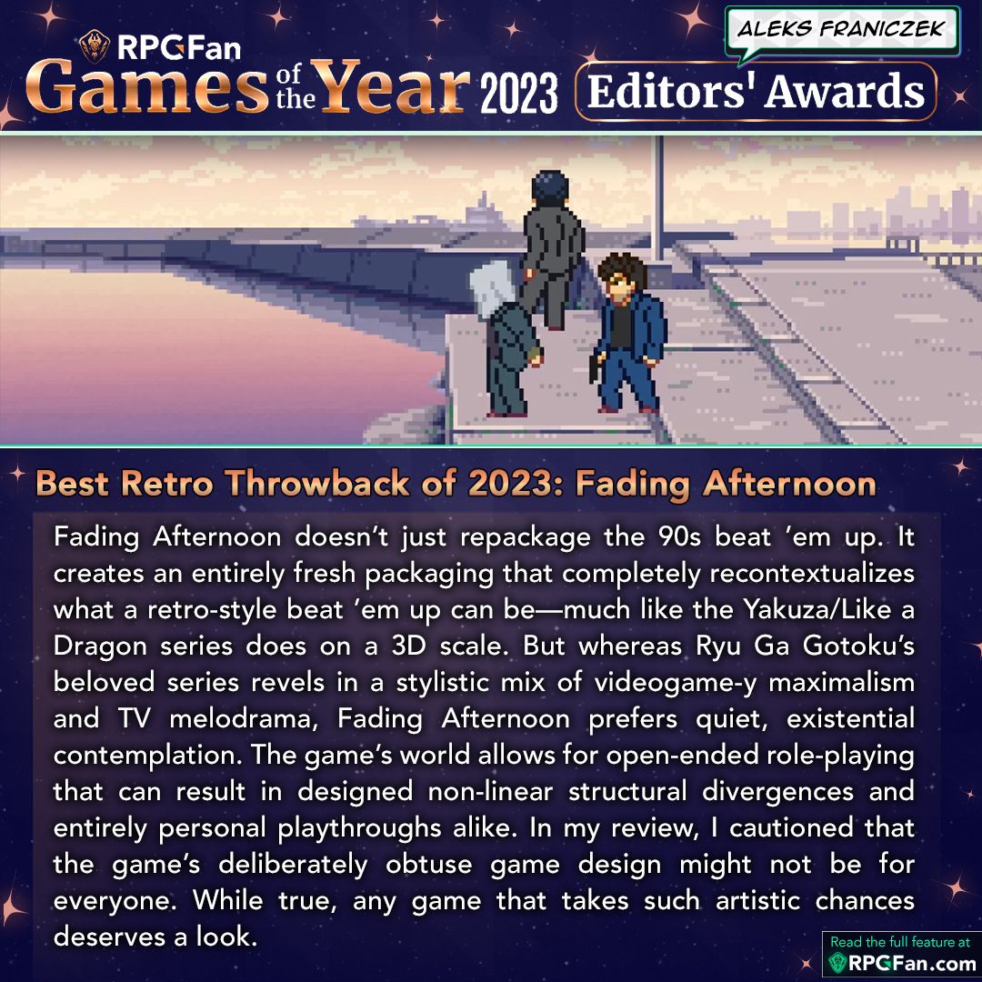 rpgfancom's tweet photo. Our Editors' Awards are here!โญ Honouring the best of 2023, but also older titles that our writer's finally got around to play. These are more "free-form" than usual, and only 2 cards per Editor hereโ so be sure to read their full lists!
Full Feature: https://t.co/OOho8M1JC4 https://t.co/GLc5E43FQQ