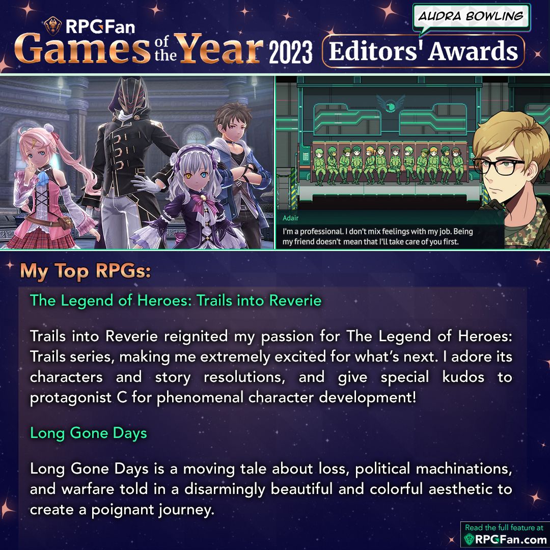 rpgfancom's tweet photo. Our Editors' Awards are here!โญ Honouring the best of 2023, but also older titles that our writer's finally got around to play. These are more "free-form" than usual, and only 2 cards per Editor hereโ so be sure to read their full lists!
Full Feature: https://t.co/OOho8M1JC4 https://t.co/GLc5E43FQQ