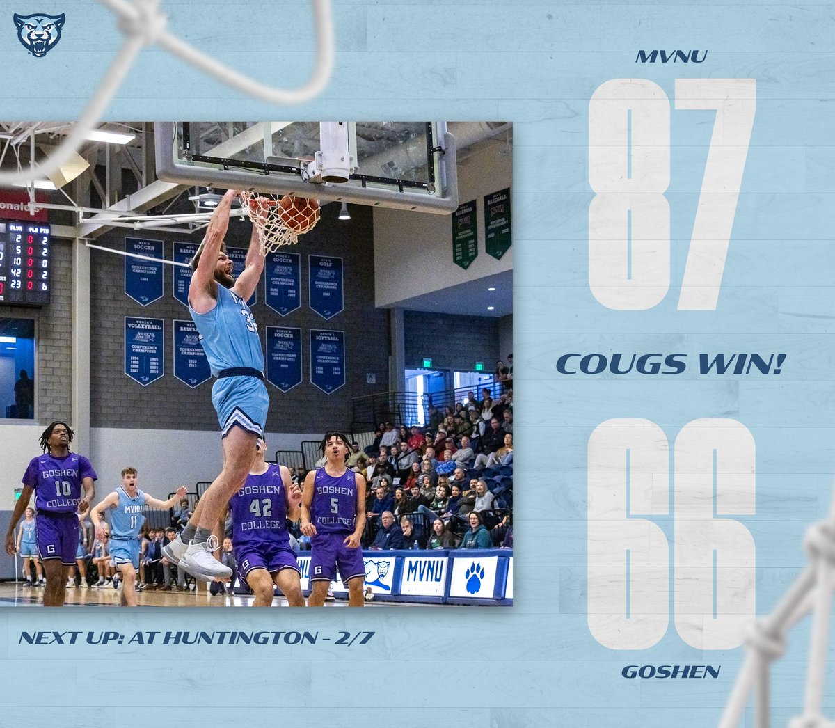 COUGS WIN! <a href="/RULECougar/">MVNU Basketball</a> takes down Goshen 87-66 inside of Ariel!
