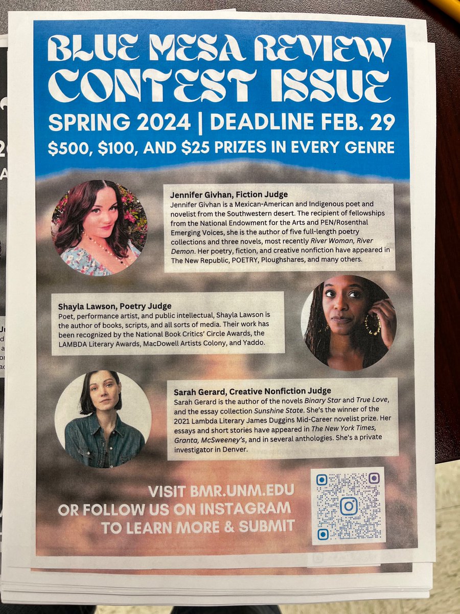 Writers! @BlueMesaReview has a terrific contest going on and recently dropped prices to entice you to send your best work! Contest prizes are still $500/genre! Also, BMR got put in a corner at AWP. Don’t let that stop you from saying hi to our editors! Retweets appreciated!