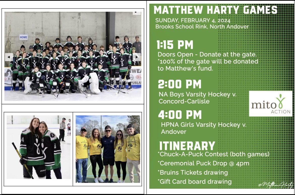 🟢MITO NIGHT🟢
Show your support tomorrow evening @ brooks to honor Matthew Harty and the Harty family mission‼️🏒
⏰Boys @ 2 vs CC
⏰Girls @ 4 vs Andover
It’s a special day for the North Andover community so show up and show some love🫶 
🟢GREEN THEME BOTH GAMES🟢
#mitoaction