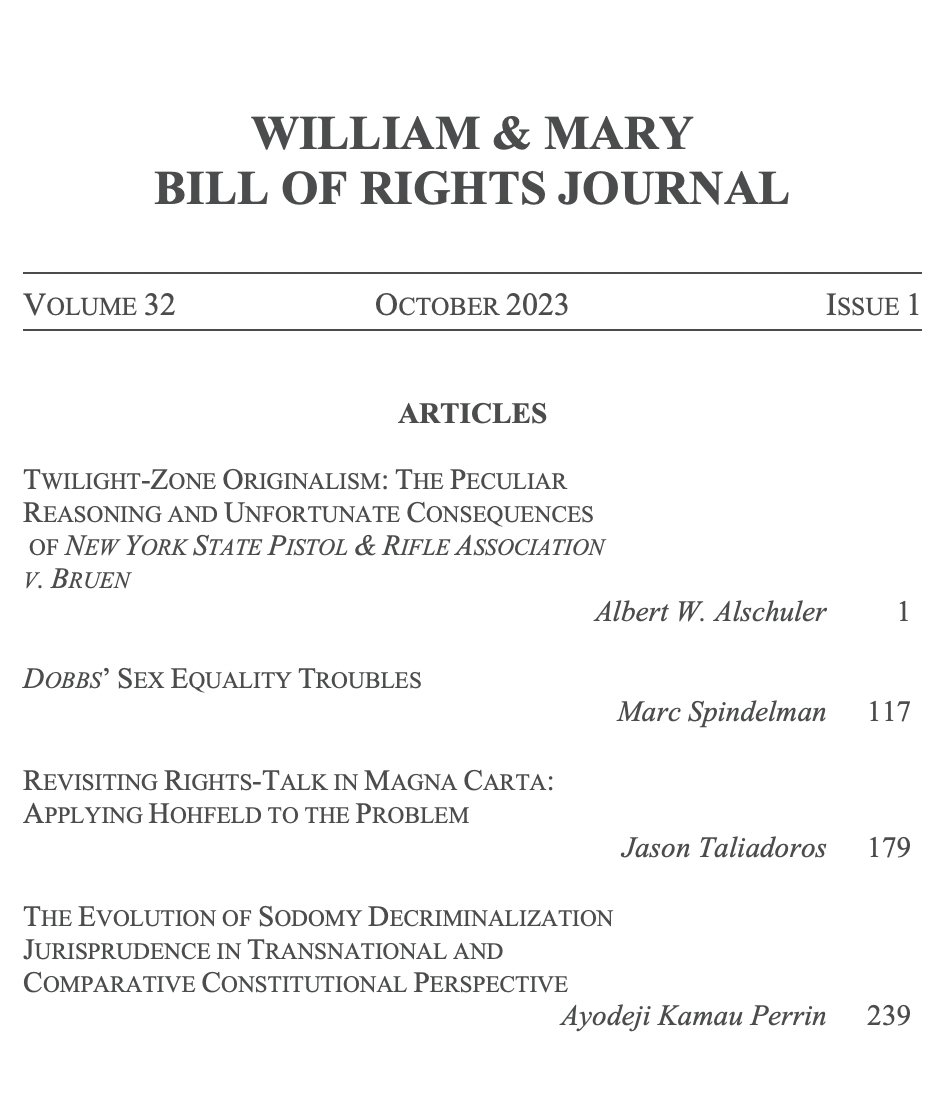 Volume 32 Issue 1 is now available! This issue features pieces by Albert W. Alschuler, Marc Spindelman (<a href="/MarcSpindelman/">Marc Spindelman</a>), Jason Taliadoros, &amp; Ayodeji Kamau Perrin. 

Read Issue 1 here: scholarship.law.wm.edu/wmborj/
