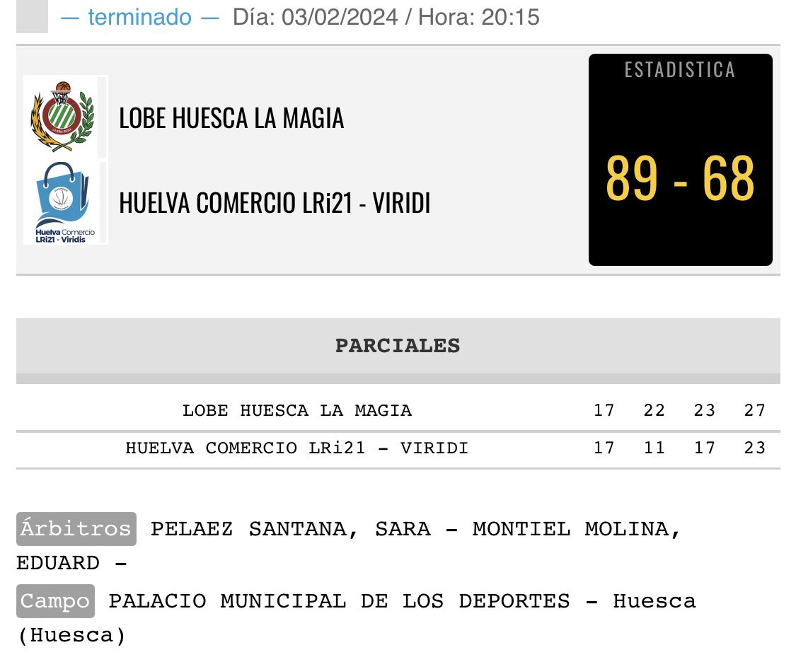 HUELVA COMERCIO VIRIDIS (@cdb_ebenitez) on Twitter photo 🏀Victoria del <a href="/CBPHuesca/">C.B. Peñas Huesca</a> ante <a href="/CDB_EBenitez/">HUELVA COMERCIO VIRIDIS</a> en la jornada 18 de Leb Plata.
Lobe Huesca La Magia. 8️⃣9️⃣
Huelva Comercio Viridis Lri21 6️⃣8️⃣ 🏀Victoria del <a href="/CBPHuesca/">C.B. Peñas Huesca</a> ante <a href="/CDB_EBenitez/">HUELVA COMERCIO VIRIDIS</a> en la jornada 18 de Leb Plata.
Lobe Huesca La Magia. 8️⃣9️⃣
Huelva Comercio Viridis Lri21 6️⃣8️⃣