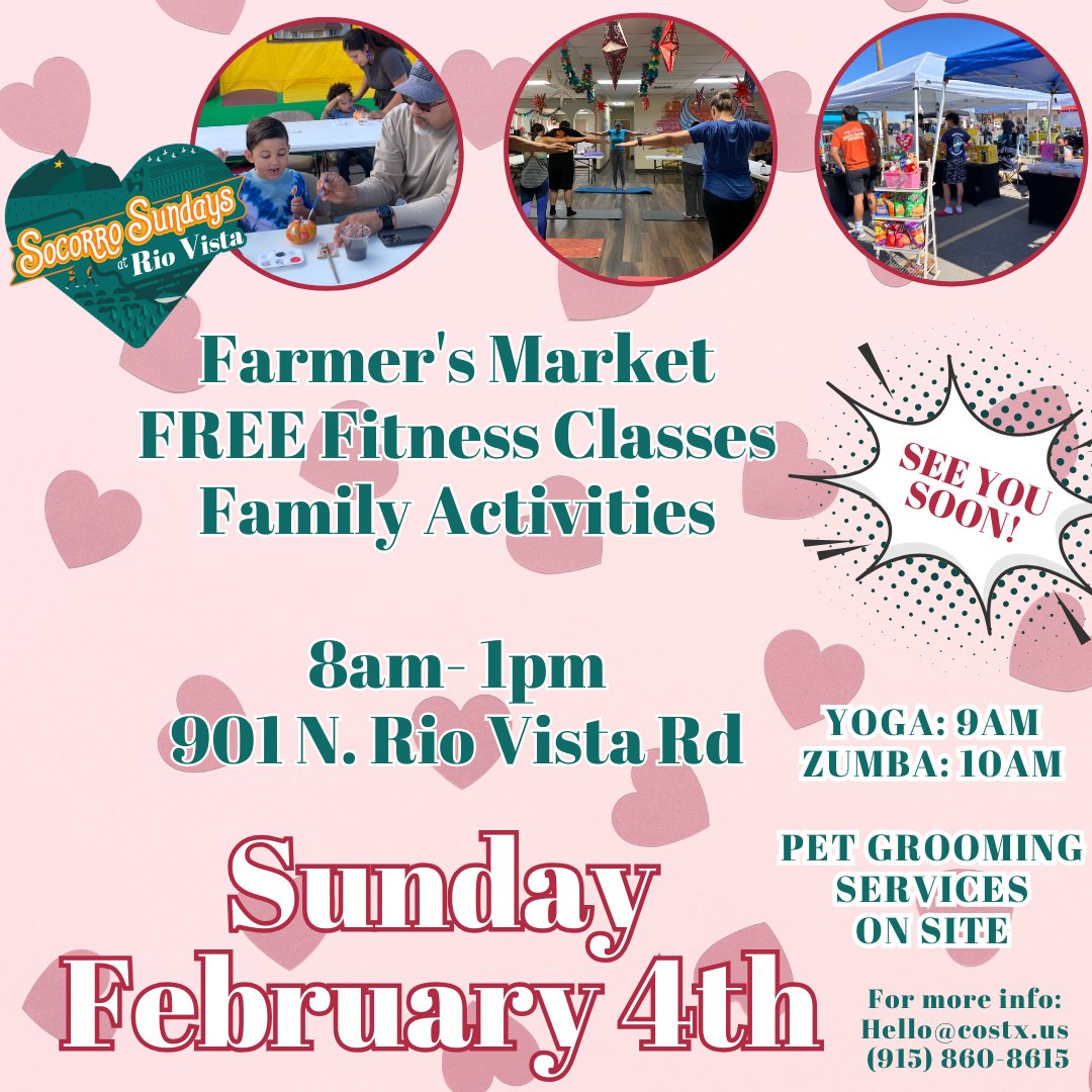 City_of_Socorro's tweet photo. Who will we be seeing tomorrow at the Socorro Sunday Farmers Market & Socorro Youth !n Culture open house DIY Gift Project?
Come out enjoy FREE Yoga & Zumba, bring your kids to do some arts and crafts and shop from local vendors!
#SocorroSunday #ShopLocal #FREECommunityEvent https://t.co/UOLLNhxCM1