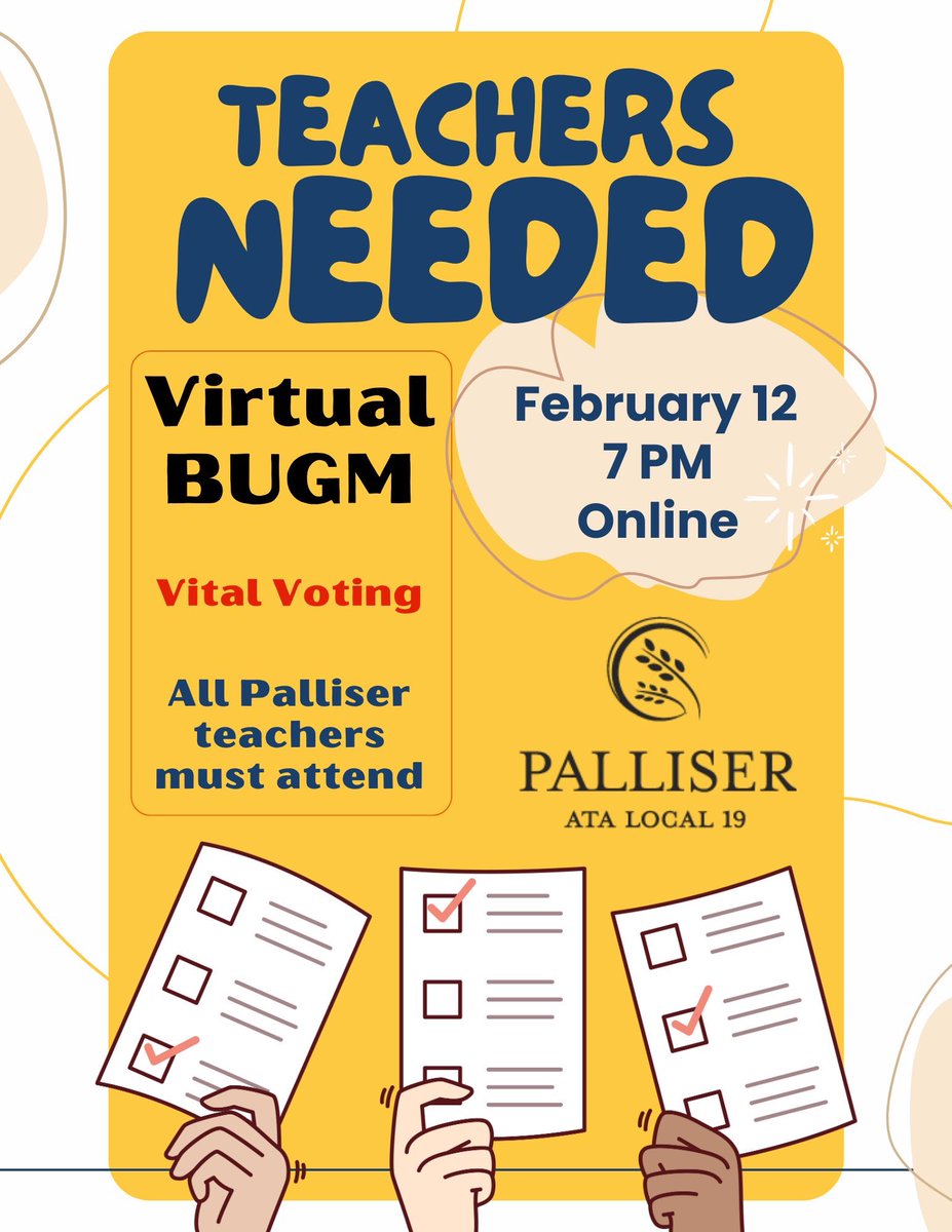 ATTENTION PALLISER TEACHERS!!!! A voting session is being held. Please attend the Virtual BUGM on Feb. 12 @ 7pm so your vote can be counted! 🗳️