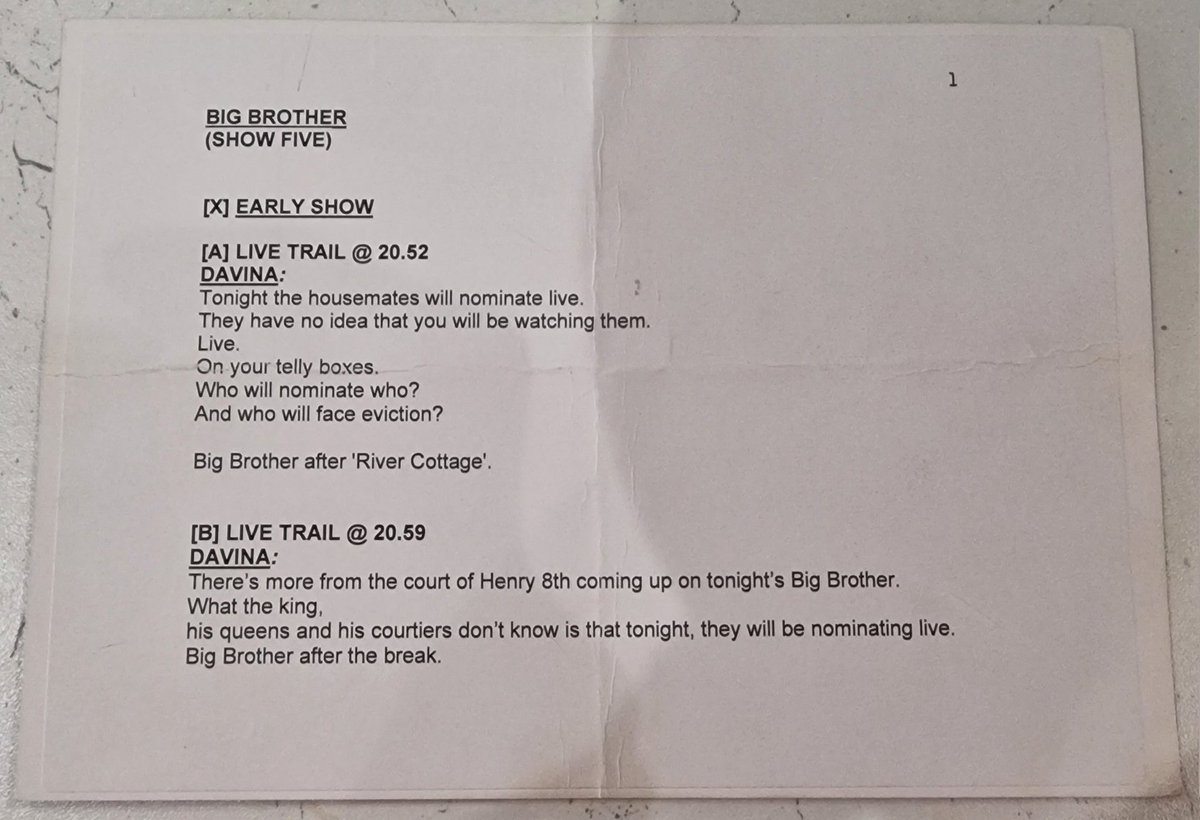 williammt's tweet photo. Going through an old box of stuff and found this, one of @ThisisDavina cue cards, memories of going to Big Brother live evictions every Friday night came flooding back 🥰🥰🥰  so much fun and met so many great people 👌🏻

#bigbrother #channel4 #davina https://t.co/PTPeJq9ZV0