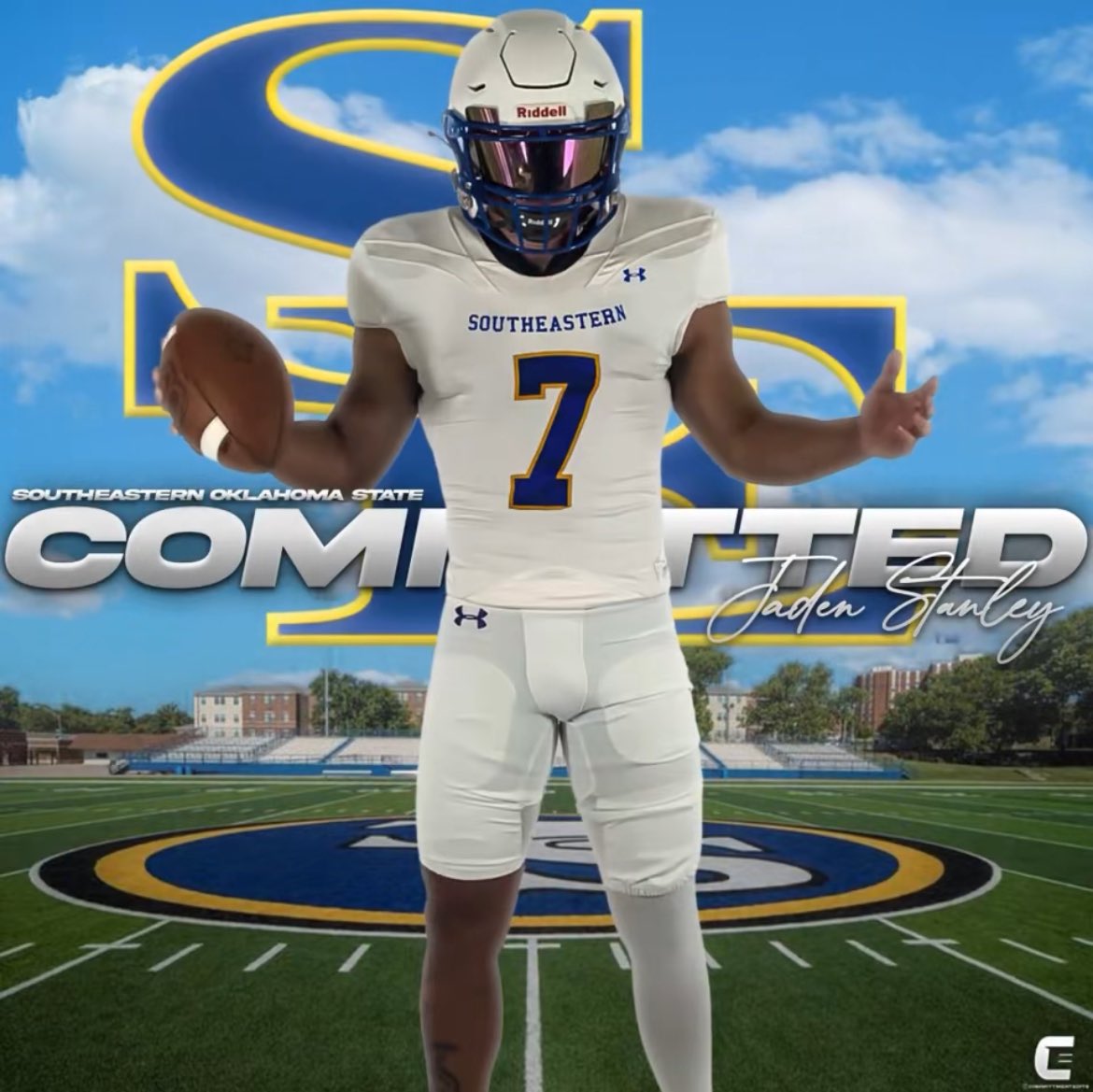 #AGTG I'm Blessed to announce that I'm Committed to Southeastern Oklahoma State University 🔵🟡⛈️ @SavageStormFB @CoachBrooksS @AtterberryBo @Coach_KWhite