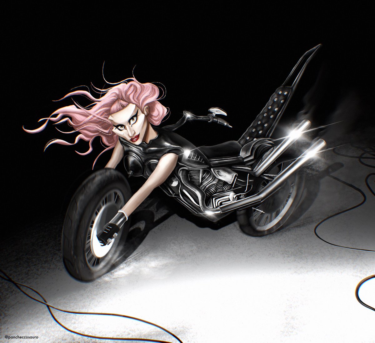 Panchecco's tweet image. “She’s just an American riding a dream
And she’s gotta rainbow syrup in her heart that she bleeds”

A stylized motorcycle-Gaga from Born This Way by Nick Knight

Forever inspired by this era 🖤
