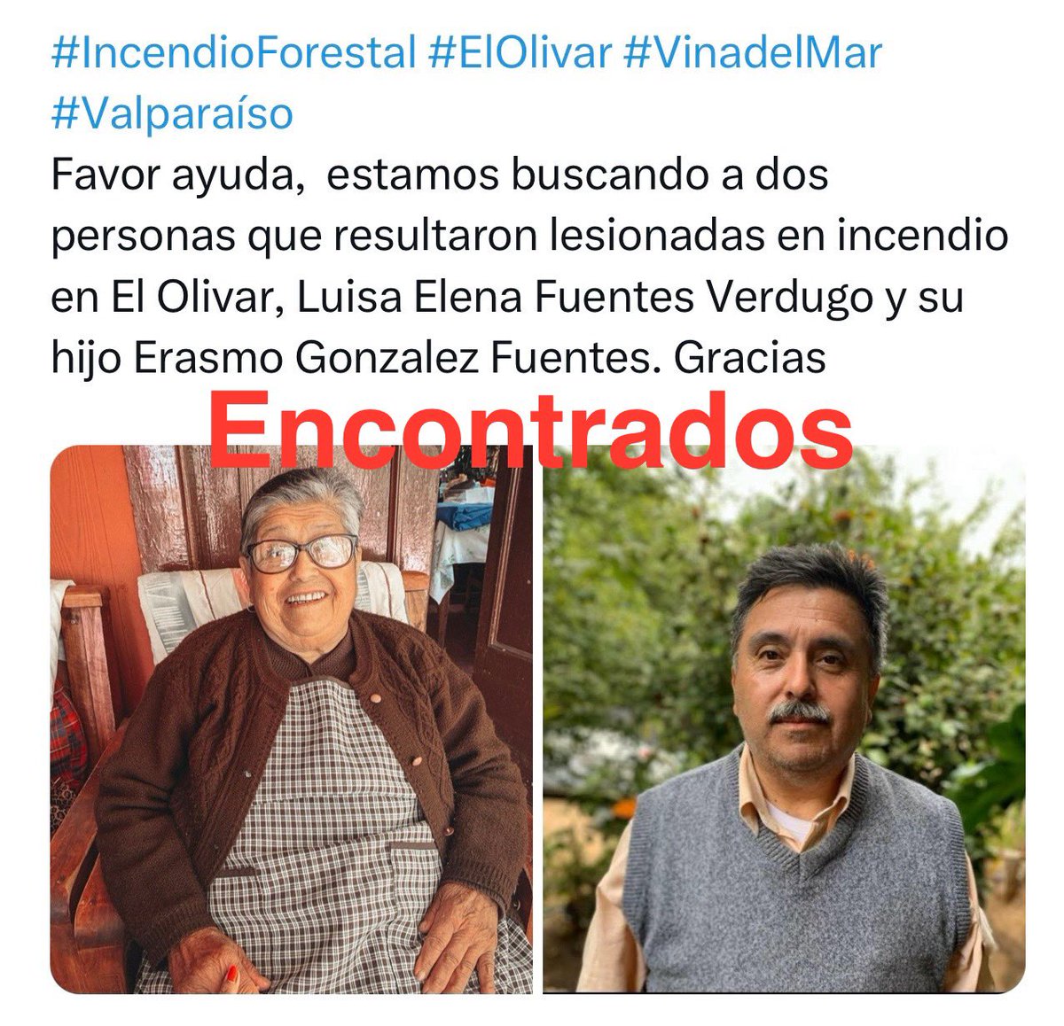 BBubinos's tweet photo. De verdad muchas gracias a todos, ya confirmamos donde están ambos. Ahora a pedir por ellos, están en la UTI. 🙏🏻🙏🏻🙏🏻❤️❤️❤️❤️ #IncendioForestal #ElOlivar #VinadelMar #Valparaíso https://t.co/9d4q26e1pD