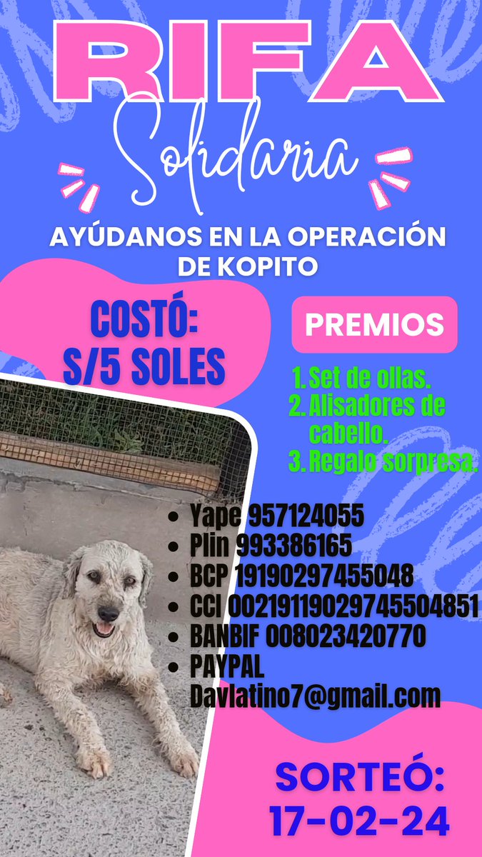 Saludos amigos, esté perrito ha sido abandonado y padece de un tumor.
Se necesita operarlo con urgencia , ayudame colaborando con esta rifa el costó es de 5 soles, sorteo 17 de febrero.

Juntos podemos llegar a la meta deseada, gracias por tu colaboración y bendiones para todos.