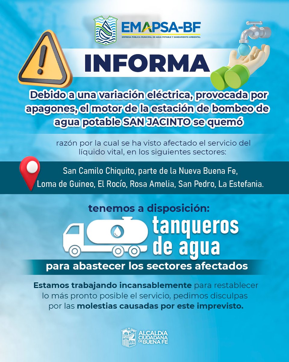 AlcaldiaBF's tweet photo. #EMAPSA informa. 💧 Ante el imprevisto ocurrido en la estación #SanJacinto. #AlcaldíaCiudadanaDeBuenaFe https://t.co/k38pwU3dkv