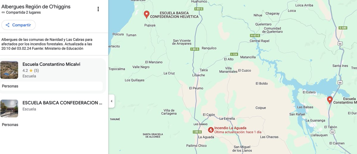 No nos olvidemos de la región de #Ohiggins. Acá una lista de Google Maps con los albergues en las comunas de #Navidad y #LasCabras maps.app.goo.gl/JADtqiv1t1m64L… 
#IncendiosForestales cc. <a href="/reddeemergencia/">Red de Emergencia ONG</a> <a href="/sesnaola/">Seba Esnaola</a> <a href="/rafadelagente/">rafael pardo</a> <a href="/Sepulinares/">Alejandro Sepúlveda Jara</a> <a href="/christianpino/">Christian Pino Lanata 🌲♥️🇨🇱</a>