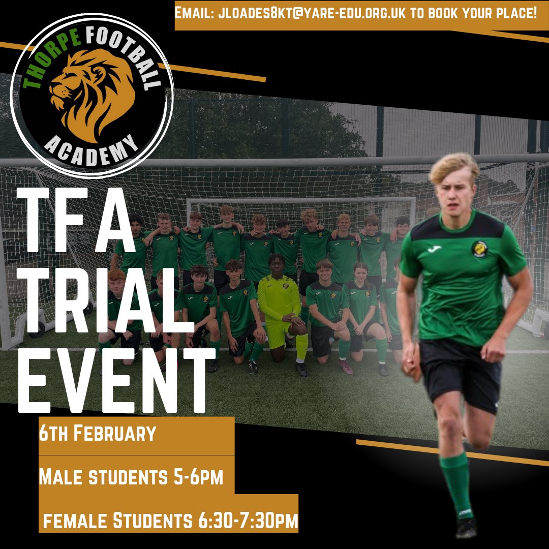 Thorpe_Football's tweet photo. A fantastic uptake for our upcoming 2024-26 cohort Trial Event on Tuesday night! 

Anyone interested in joining our high level programme and having the choice of over 35 academic courses including A Levels, T levels and CTecs please email jloades8kt@yare-edu.org.uk https://t.co/2UjUORWswg