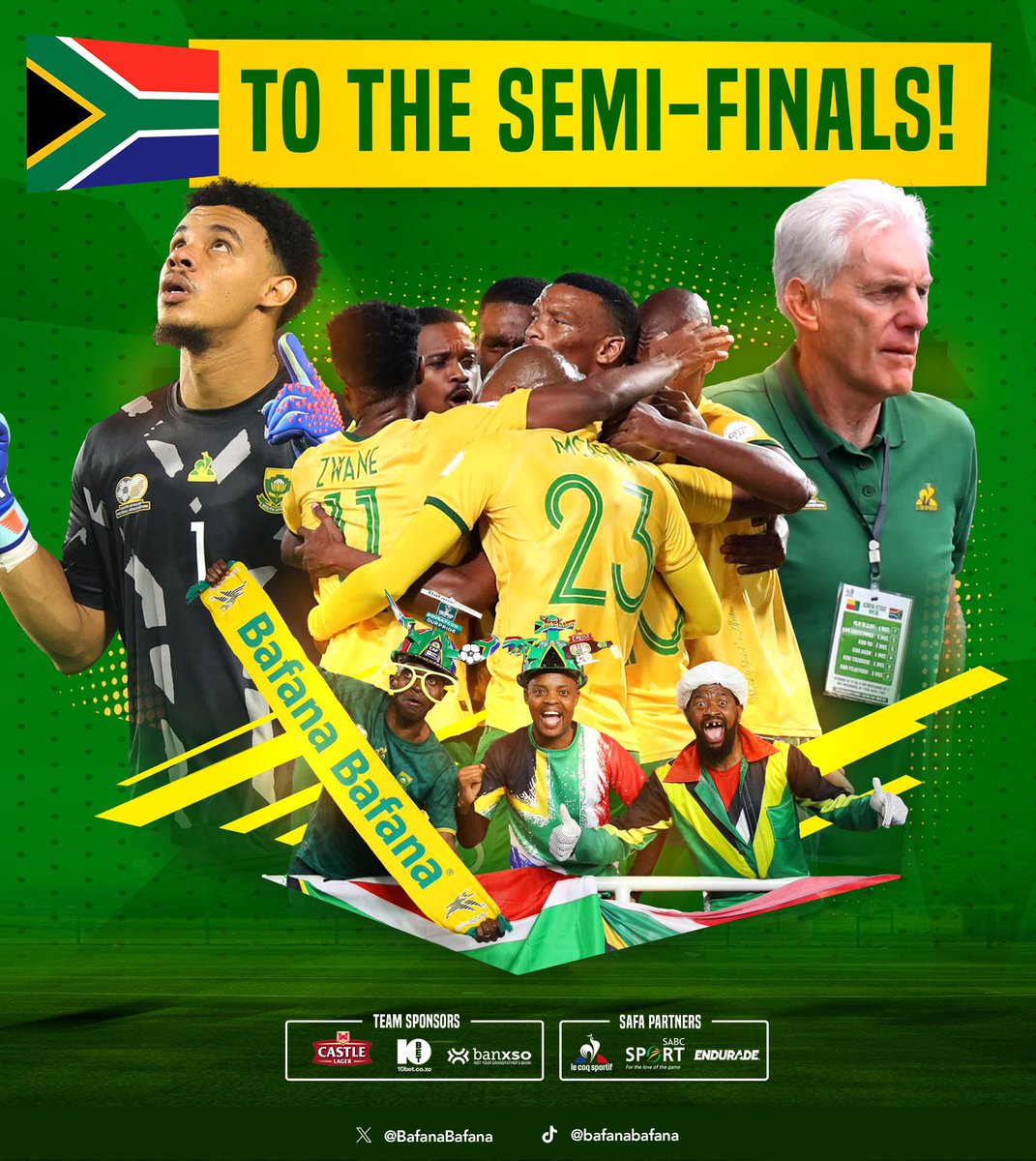 Congratulations to Bafana Bafana for reaching the #afcon semi-finals, and thank you to Mamelodi Sundowns and the National Breadwinner, Ntate Patrice Motsepe, for your players. 🙌🏾🙌🏾🙌🏾#AFCON2024  #TotalEnergiesAFCON  #BafanaPride #BafanaKaofela #Bafana #BafanaBafana