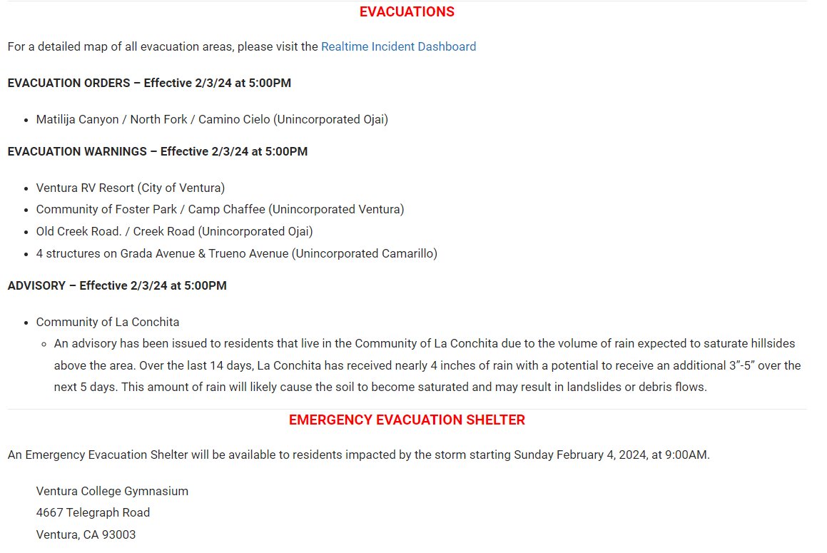 Evacuations issued for parts of Ventura County that go into effect at 5pm today (2/3/24). Map: vcoes.maps.arcgis.com/apps/dashboard… vcemergency.com