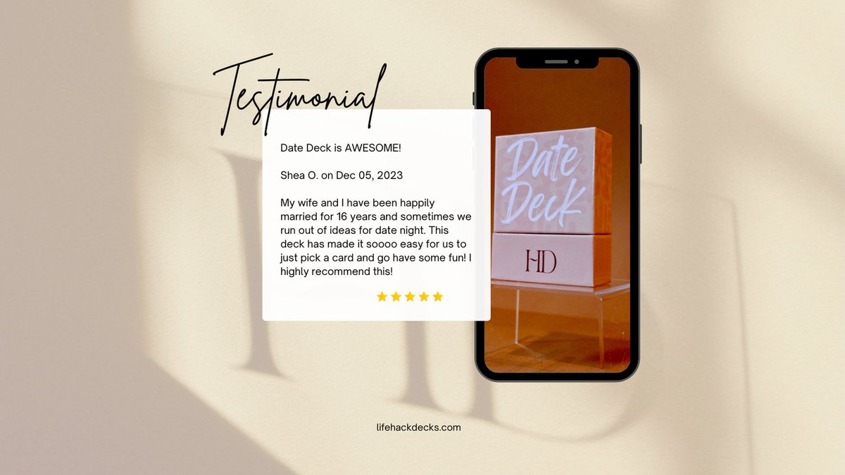 Reviews like this mean the absolute WORLD to us! 
lifehackdecks.com/products/date-…
#datenightideas #romanticdatenight #romanticdateideas #fundate #parentsnightout #havemorefun #bespontaneous #hackdecks #datedeck