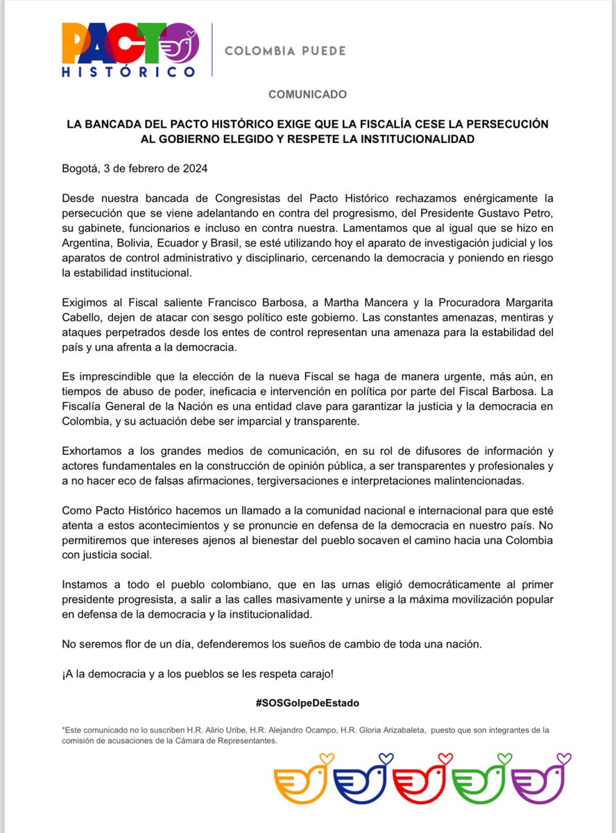 DavidRacero's tweet image. Bancada del Pacto Histórico rechaza la persecución política sancionatoria que adelanta la procuradora Cabello y el fiscal Barbosa contra el gobierno del cambio y el Pacto Histórico.