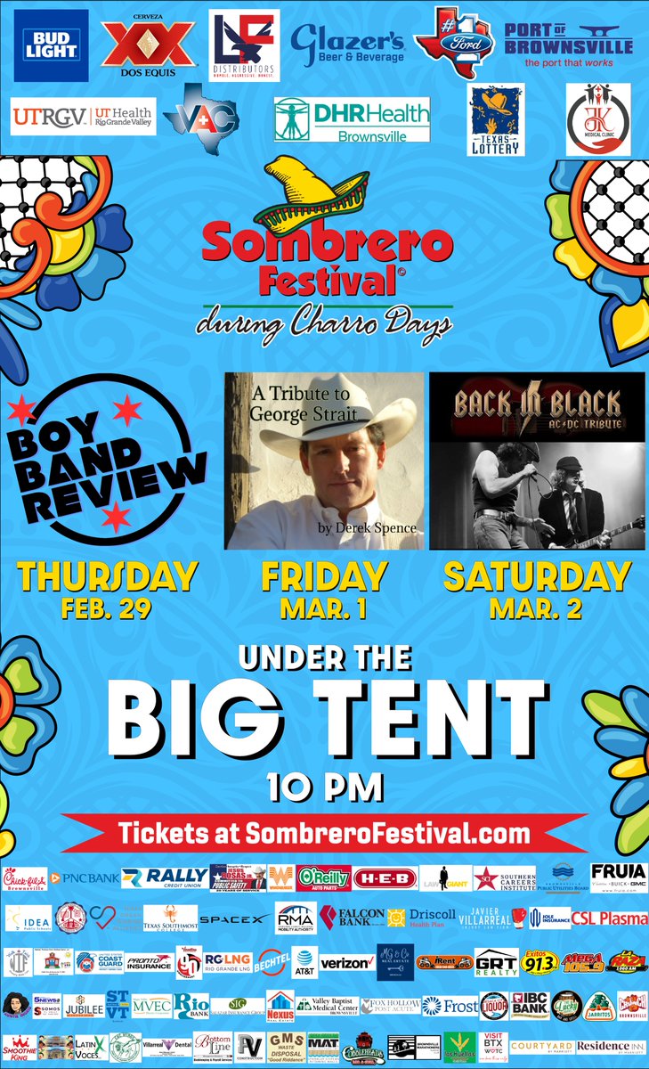 2024 BIG TENT LINEUP 🤠

Full music lineup at SombreroFestival.com

#SombreroFestival #SF2024 #BigTent
#BrownsvilleTexas #CharroDays