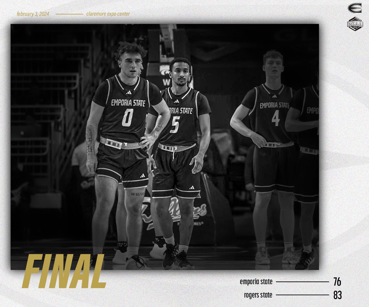 FINAL from Claremore, OK

Rogers State - 83
Emporia State - 76

ESU falls on the road to the Hillcats. The Hornets host Northwest Missouri State and Missouri Western next week.

#GoEmporia ||| #StingersUp