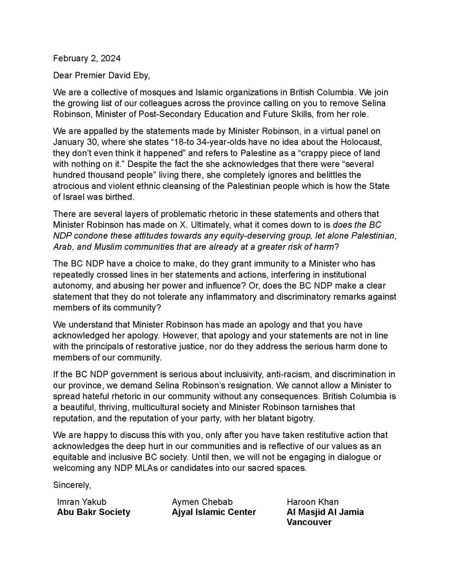 AnjaliApp's tweet photo. Selena Robinson did not misspeak. She revealed her belief system through her words. It's not something an apology can fix. 

That's why many have rejected her non-apology. You can't be a leader with such virulently racist beliefs.

A letter from a collective of mosques in BC: https://t.co/dnkrPMNukZ