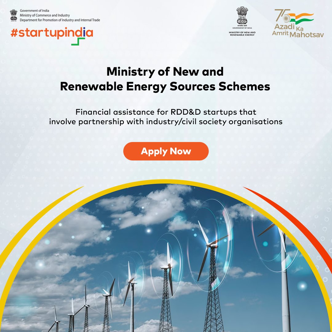 startupindia's tweet photo. The Ministry of New and Renewable Energy Sources scheme provides financial aid for Research, Design, Development, Demonstration (RDD&D) and Manufacture of New and Renewable Energy startups.
Apply now: https://t.co/rvvUQ0QgMS
#EnergyStartups #GovernmentSchemes https://t.co/174LjSZYtg