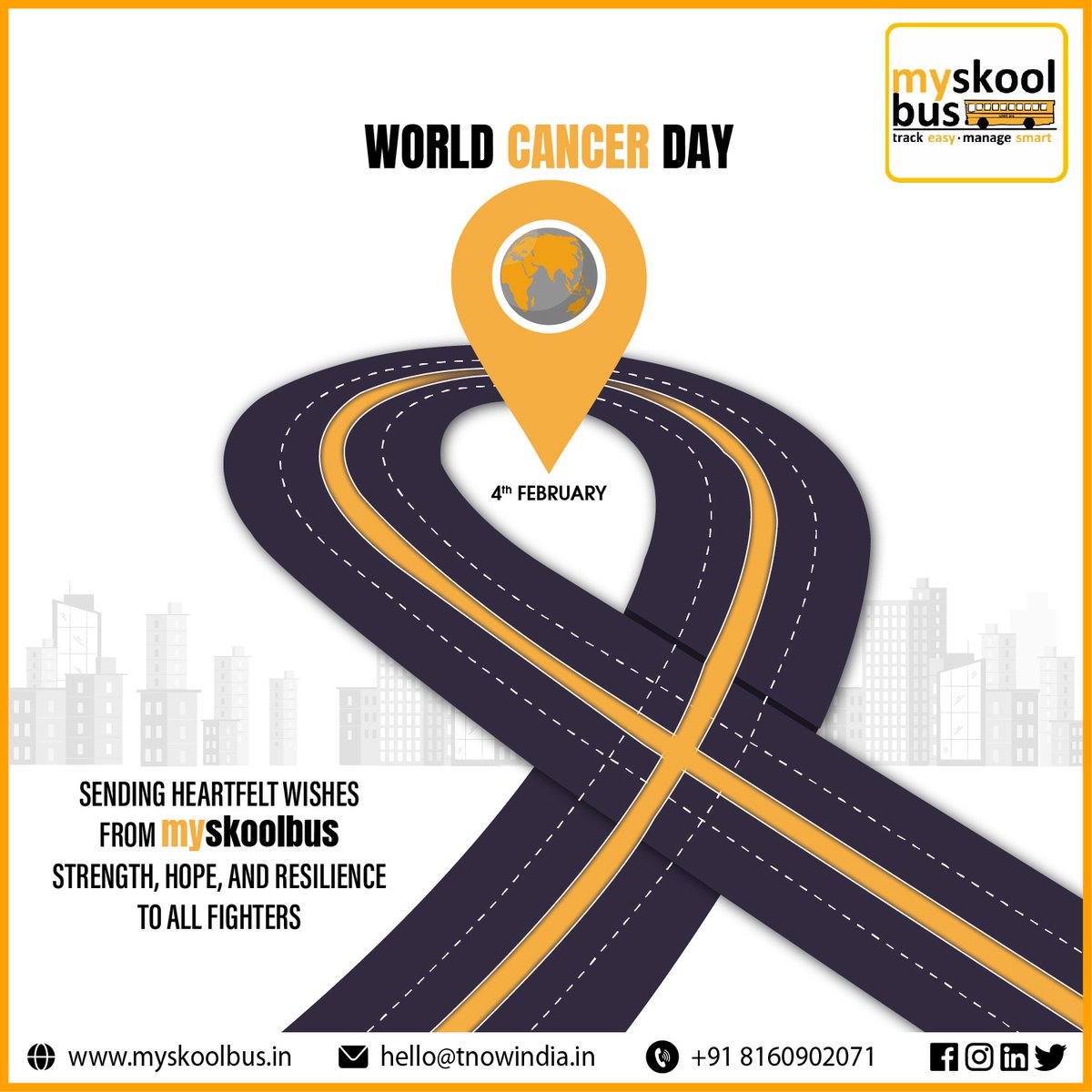 myskoolbus's tweet image. On World Cancer Day, February 4th, myskoolbus sends heartfelt wishes to all fighters. Strength, hope, and resilience to each one of you

@myskoolbus 📷"Prioritize safety now!  myskoolbus.in

#myskoolbus #tracknow #EfficientCommute #realtimetracking #worldcancerday