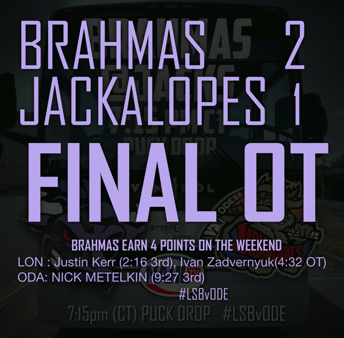 LoneStarBrahmas's tweet photo. Brahmas beat Jacks in OT with GWG by Ivey #LSBvODE #BrahmasHockey https://t.co/Pk5iVsnSA4