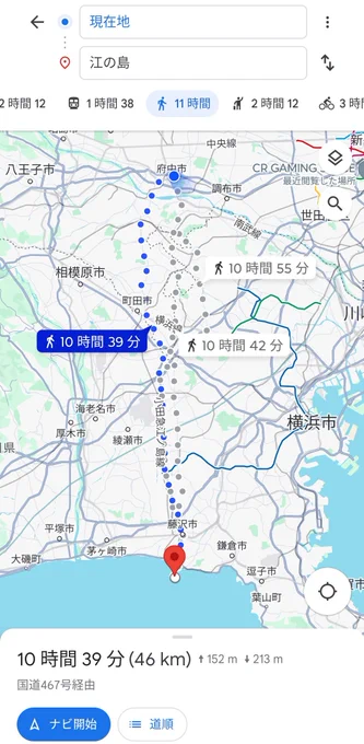 アオハル杯のシナリオでタンホイザちゃんが、江ノ島まで40kmだあーだこーだ言ってた気がしたから調べたら、46kmだった 