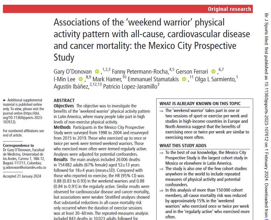 M_Stamatakis's tweet photo. New @BJSM_BMJ paper,  ‘weekend warrior’ physical
activity pattern and mortality risk,  in a very exciting cohort, the Mexico City Prospective
Study.  Led by Gary O'Donovan of Universidad de
los Andes
Full text link: https://t.co/jYcro1QFnI https://t.co/ZnAHGfAoXh