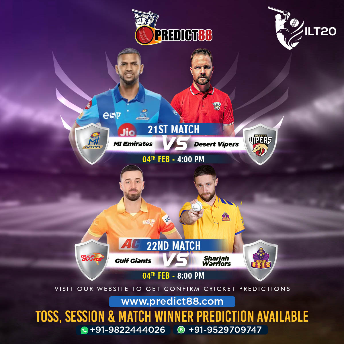 Predict88cricke's tweet photo. International League T20, 2024.
21st Match
MI Emirates vs Desert Vipers
22nd Match
Gulf Giants vs Sharjah Warriors
100% Confirm Match Report Available On Our Website . For More Details Contact On WhatsApp.
#predict88 #cricketprediction #Ilt20 https://t.co/oZPBirr6kA