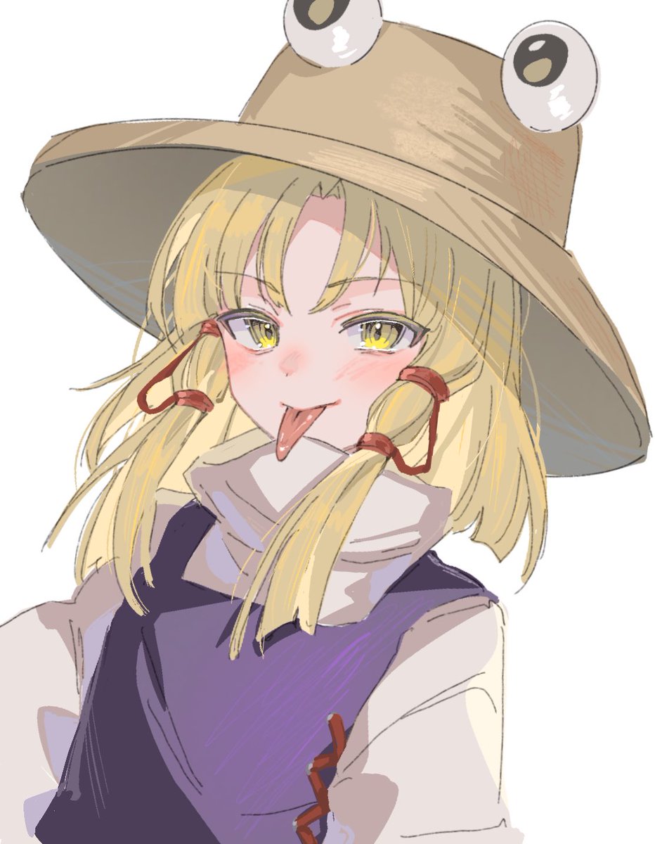 moriya suwako 1girl blonde hair tongue solo tongue out yellow eyes white background  illustration images