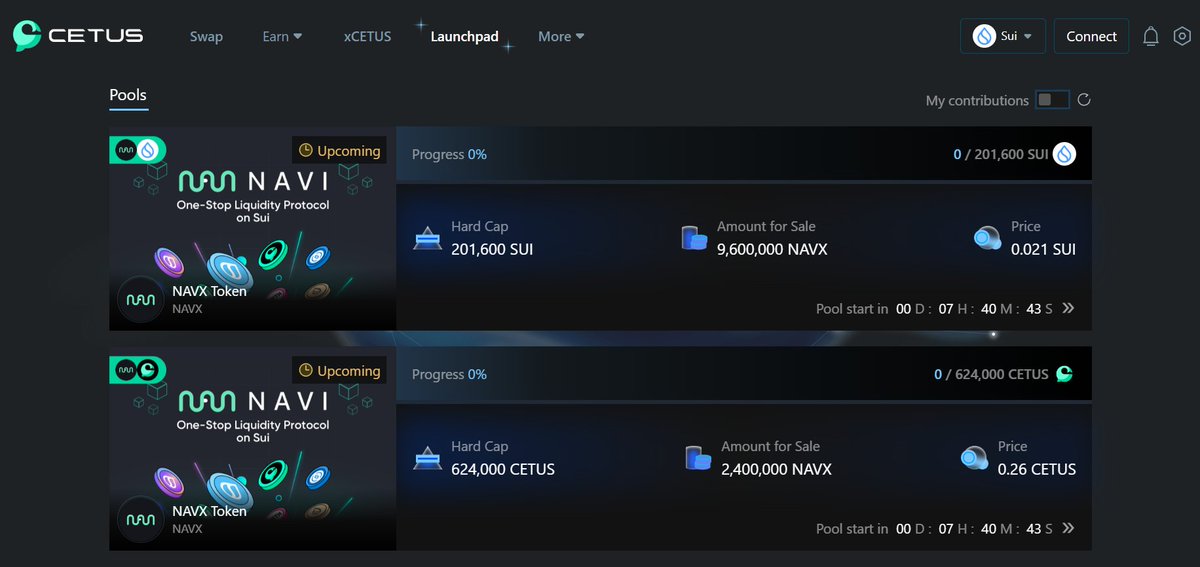 The NAVX IDO page has now been released on the #Cetus Launchpad👉 launch.cetus.zone

The IDO is open to all. All users will participate at the same price. Whitelisted users can check their whitelist status and protected quota by connecting their wallets on the website.